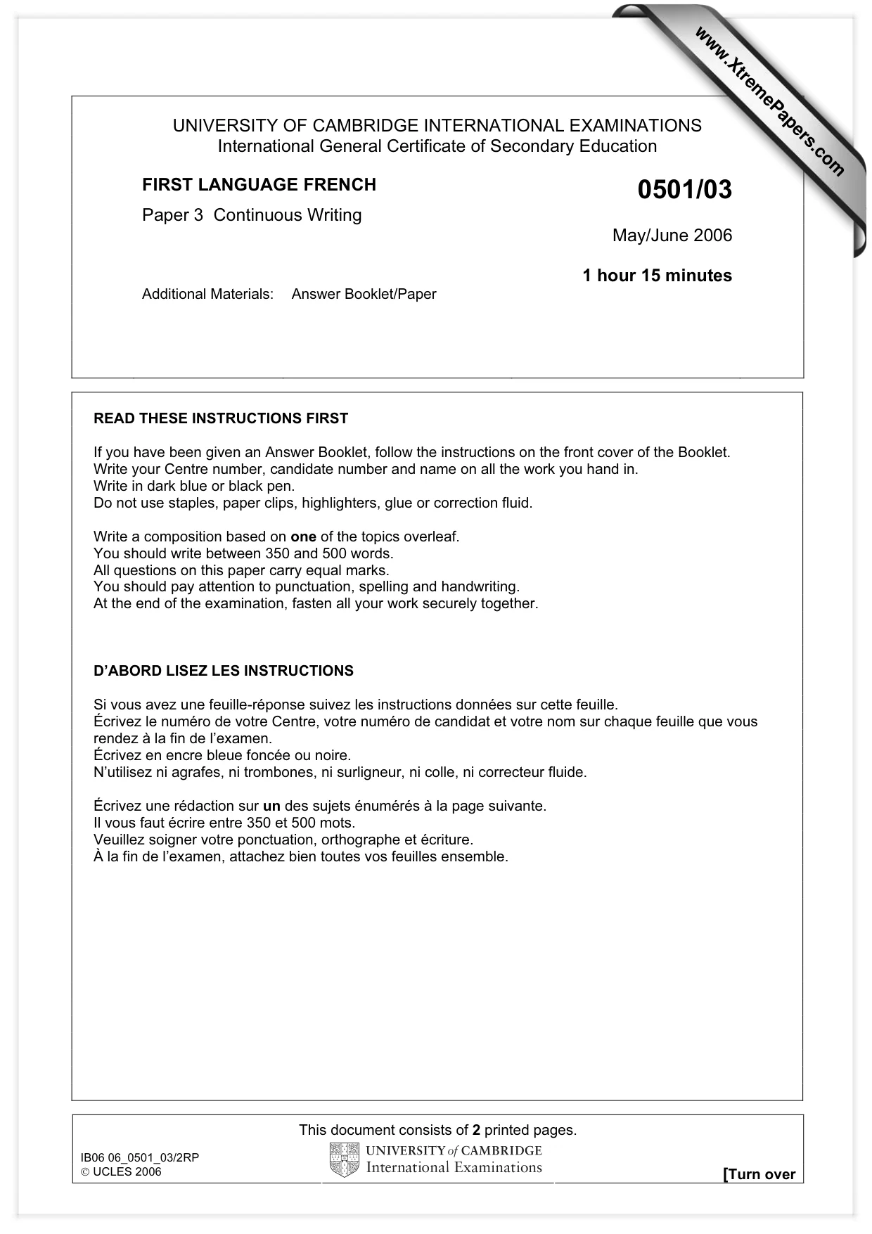 Cambridge IGCSE French - First Language 0501 2006 May/June Paper 3 · Variant 1 question paper, page 1 of 2