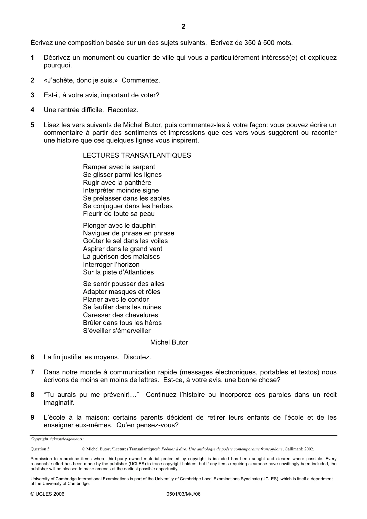 Cambridge IGCSE French - First Language 0501 2006 May/June Paper 3 · Variant 1 question paper, page 2 of 2