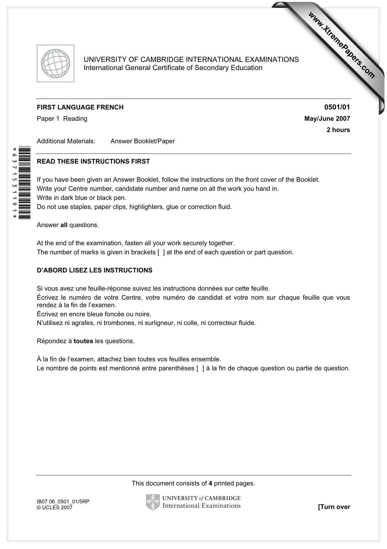Cambridge IGCSE French - First Language 0501 2007 May/June Paper 1 · Variant 1 question paper, page 1 of 4
