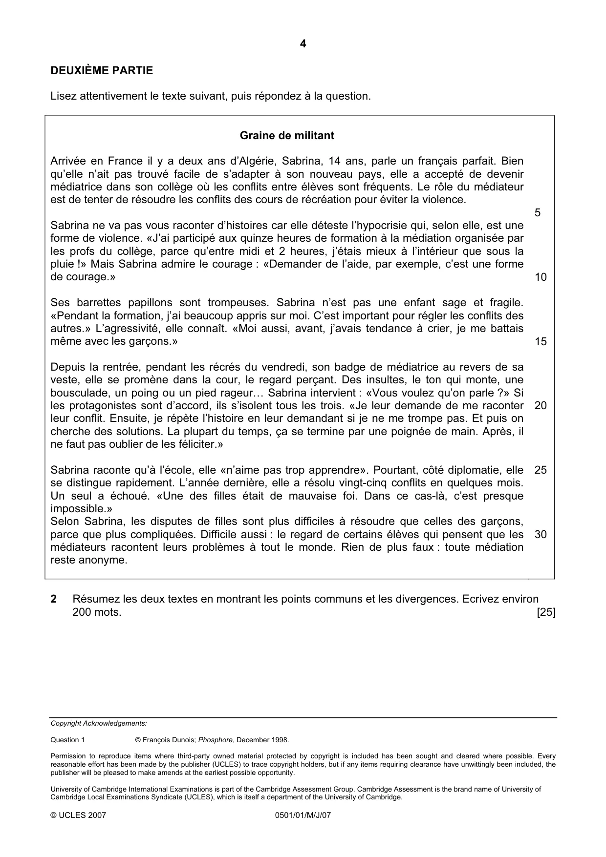 Cambridge IGCSE French - First Language 0501 2007 May/June Paper 1 · Variant 1 question paper, page 4 of 4