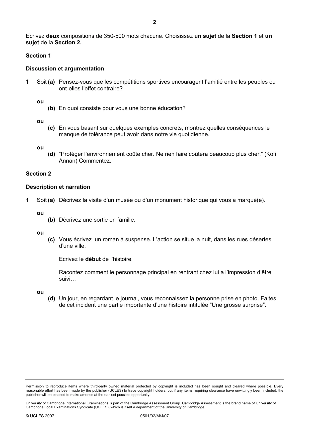 Cambridge IGCSE French - First Language 0501 2007 May/June Paper 2 · Variant 1 question paper, page 2 of 2