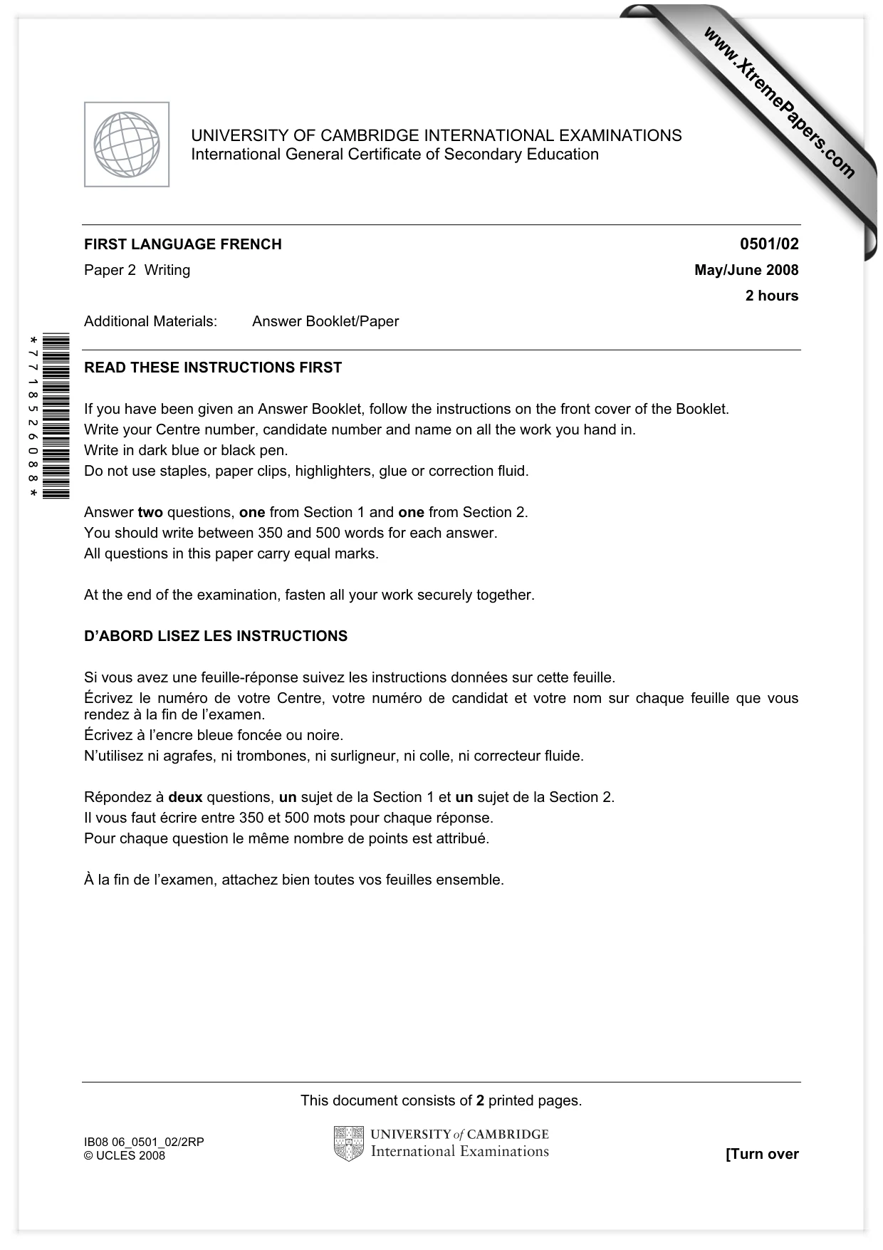 Cambridge IGCSE French - First Language 0501 2008 May/June Paper 2 · Variant 1 question paper, page 1 of 2