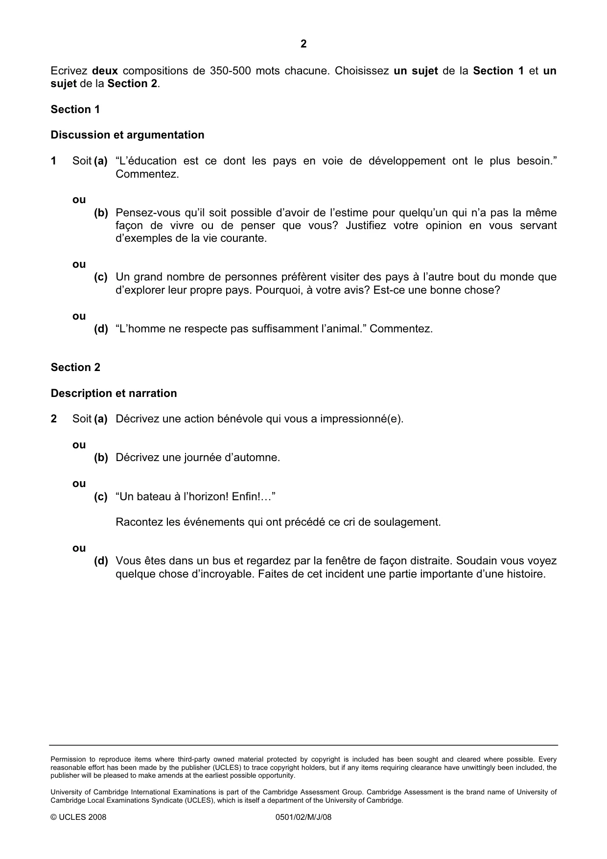 Cambridge IGCSE French - First Language 0501 2008 May/June Paper 2 · Variant 1 question paper, page 2 of 2