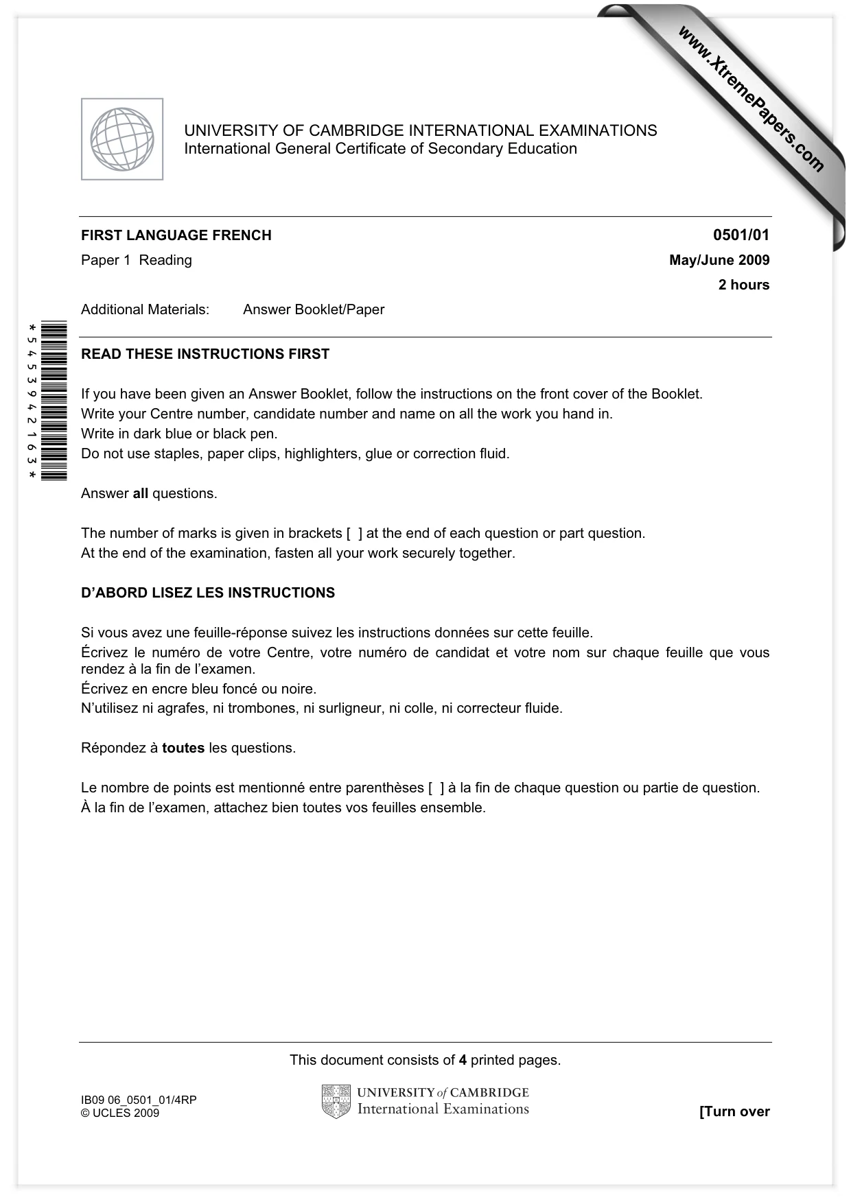 Cambridge IGCSE French - First Language 0501 2009 May/June Paper 1 · Variant 1 question paper, page 1 of 4