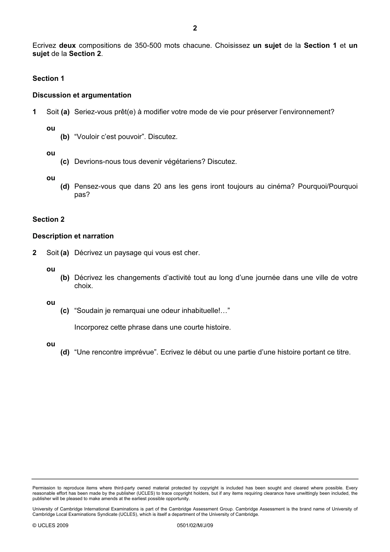 Cambridge IGCSE French - First Language 0501 2009 May/June Paper 2 · Variant 1 question paper, page 2 of 2