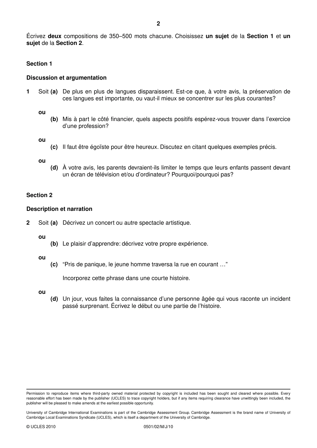 Cambridge IGCSE French - First Language 0501 2010 May/June Paper 2 · Variant 1 question paper, page 2 of 2