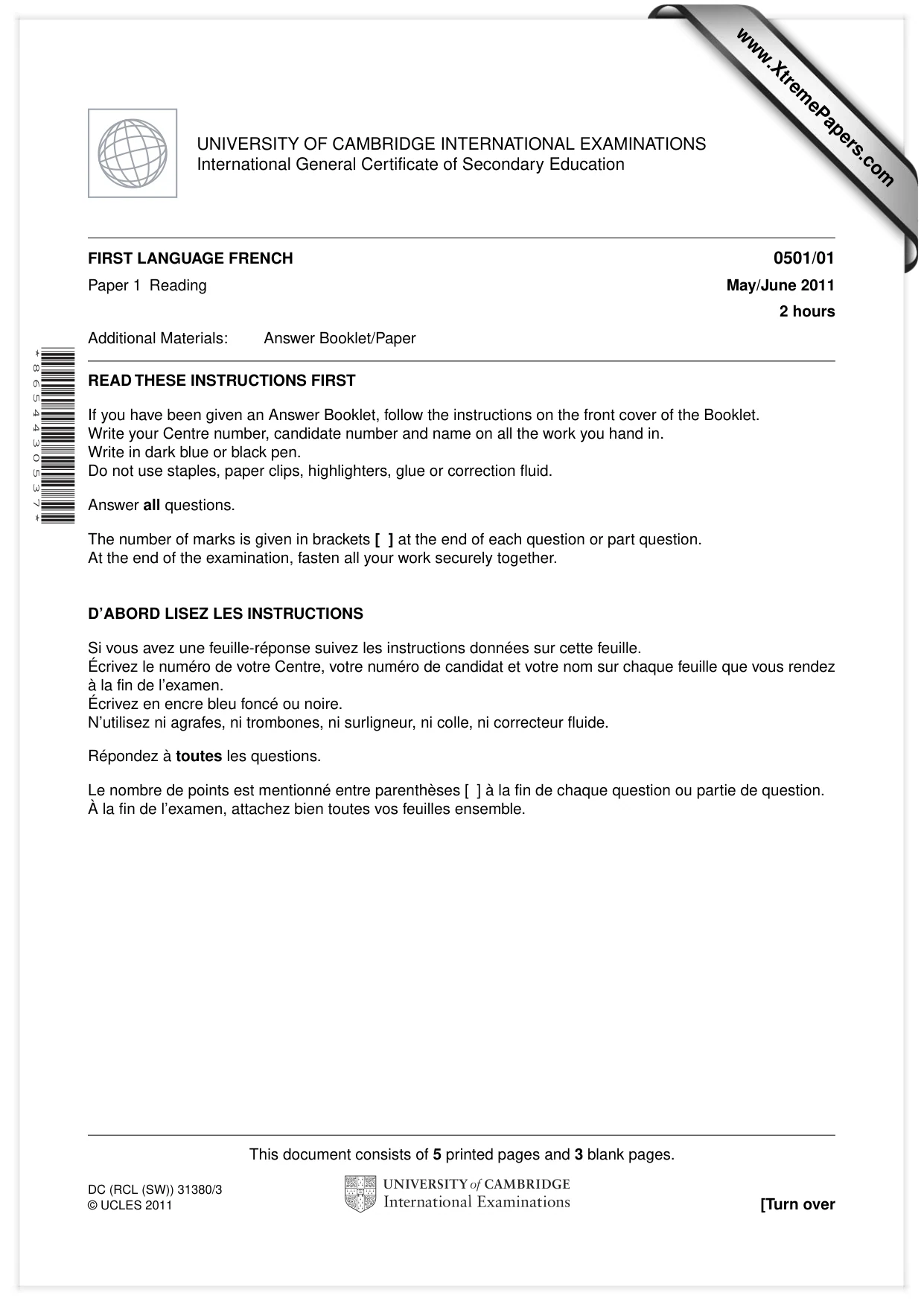 Cambridge IGCSE French - First Language 0501 2011 May/June Paper 1 · Variant 1 question paper, page 1 of 8
