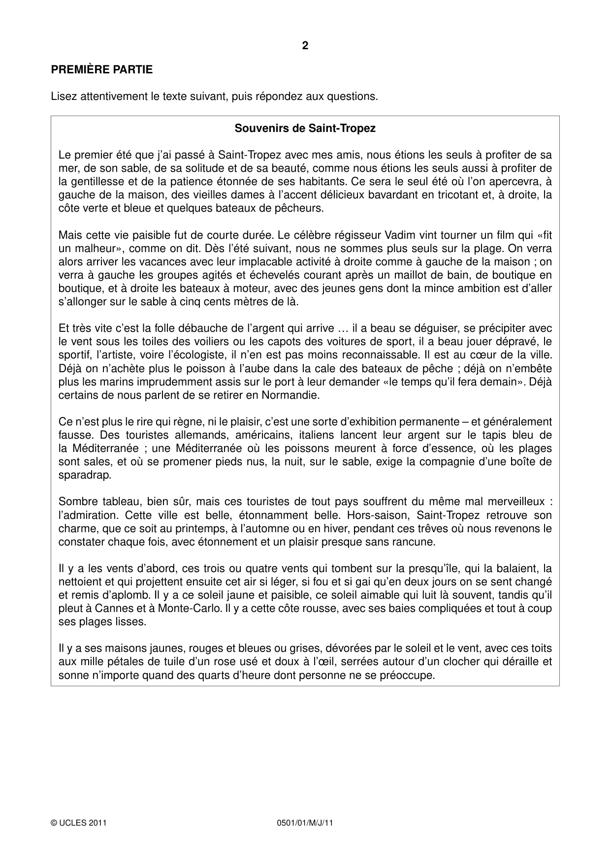 Cambridge IGCSE French - First Language 0501 2011 May/June Paper 1 · Variant 1 question paper, page 2 of 8