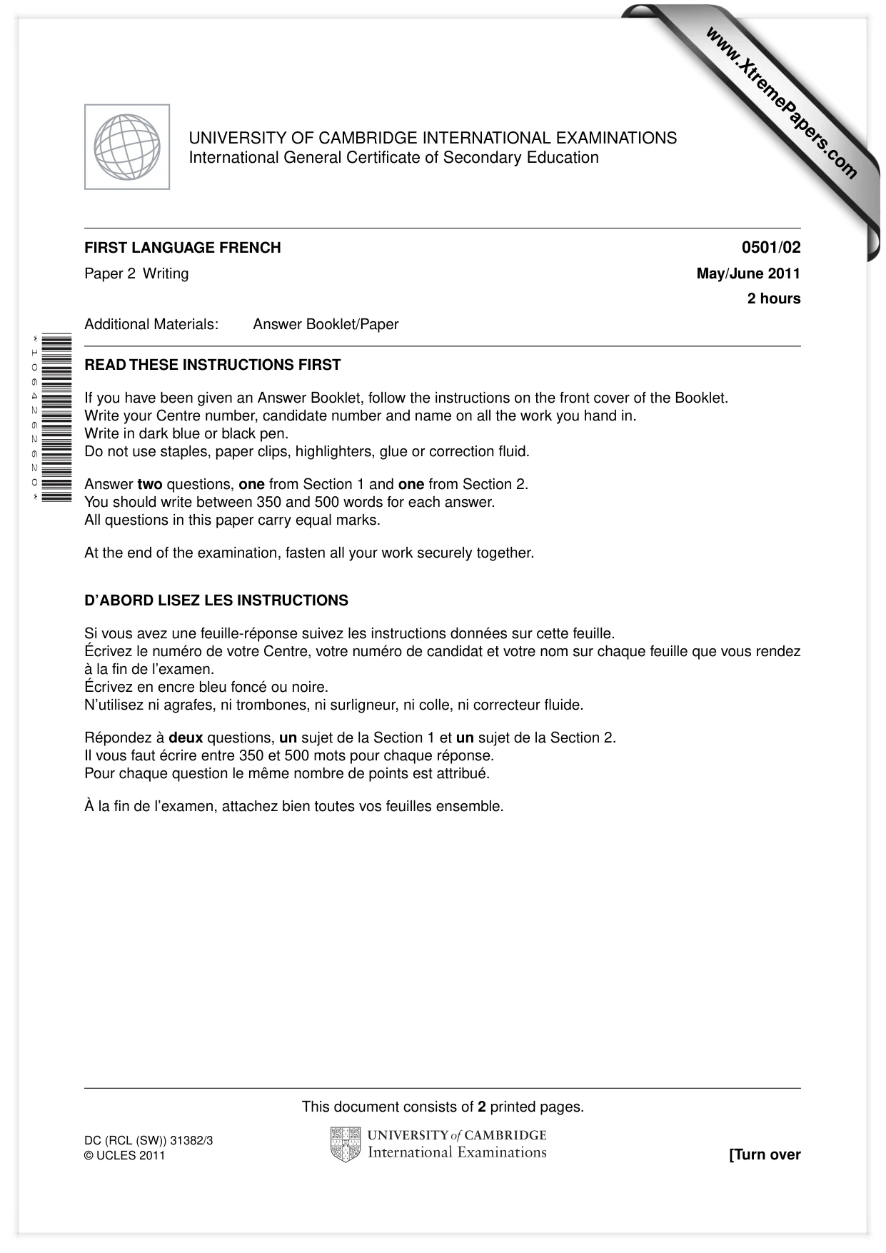 Cambridge IGCSE French - First Language 0501 2011 May/June Paper 2 · Variant 1 question paper, page 1 of 2