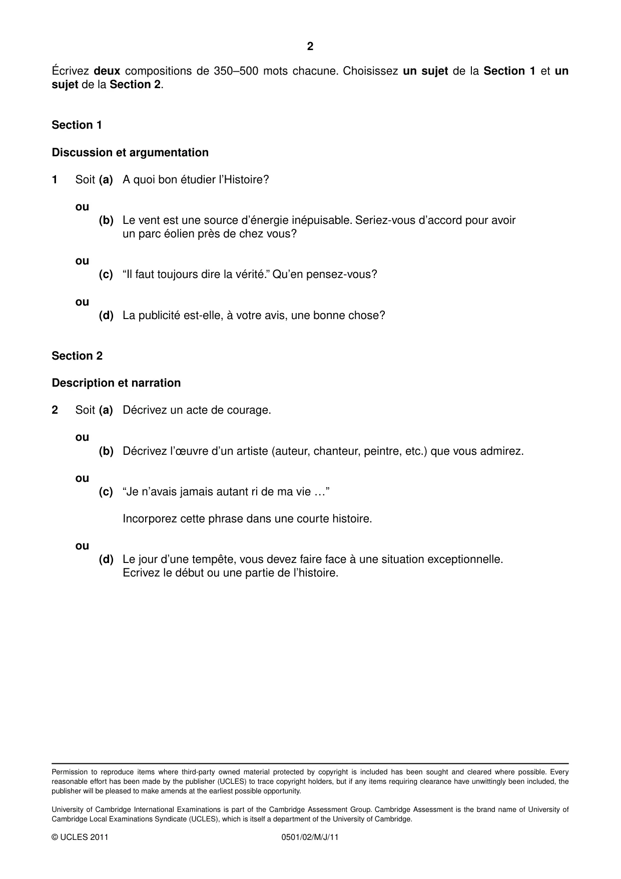 Cambridge IGCSE French - First Language 0501 2011 May/June Paper 2 · Variant 1 question paper, page 2 of 2