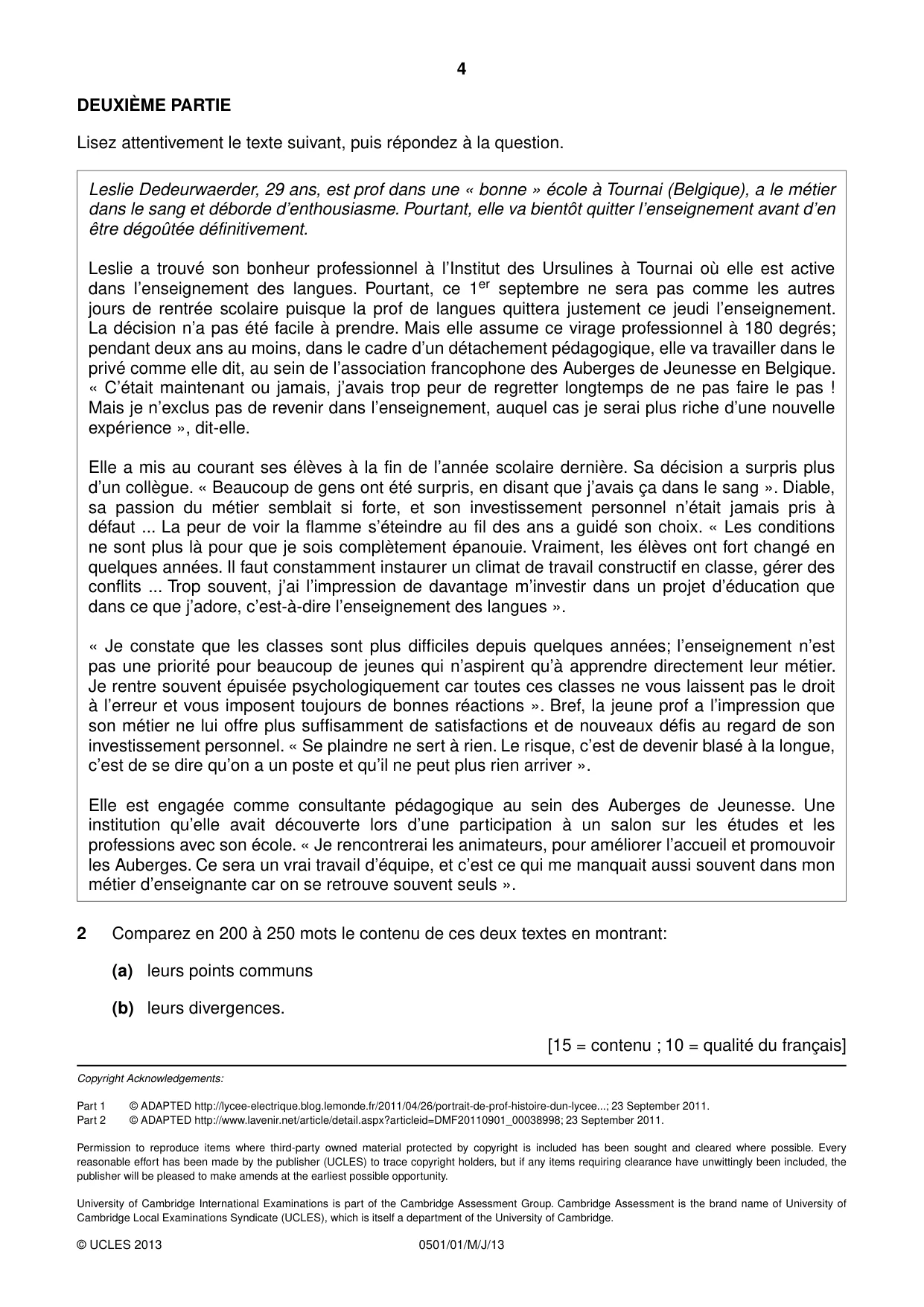 Cambridge IGCSE French - First Language 0501 2013 May/June Paper 1 · Variant 1 question paper, page 4 of 4