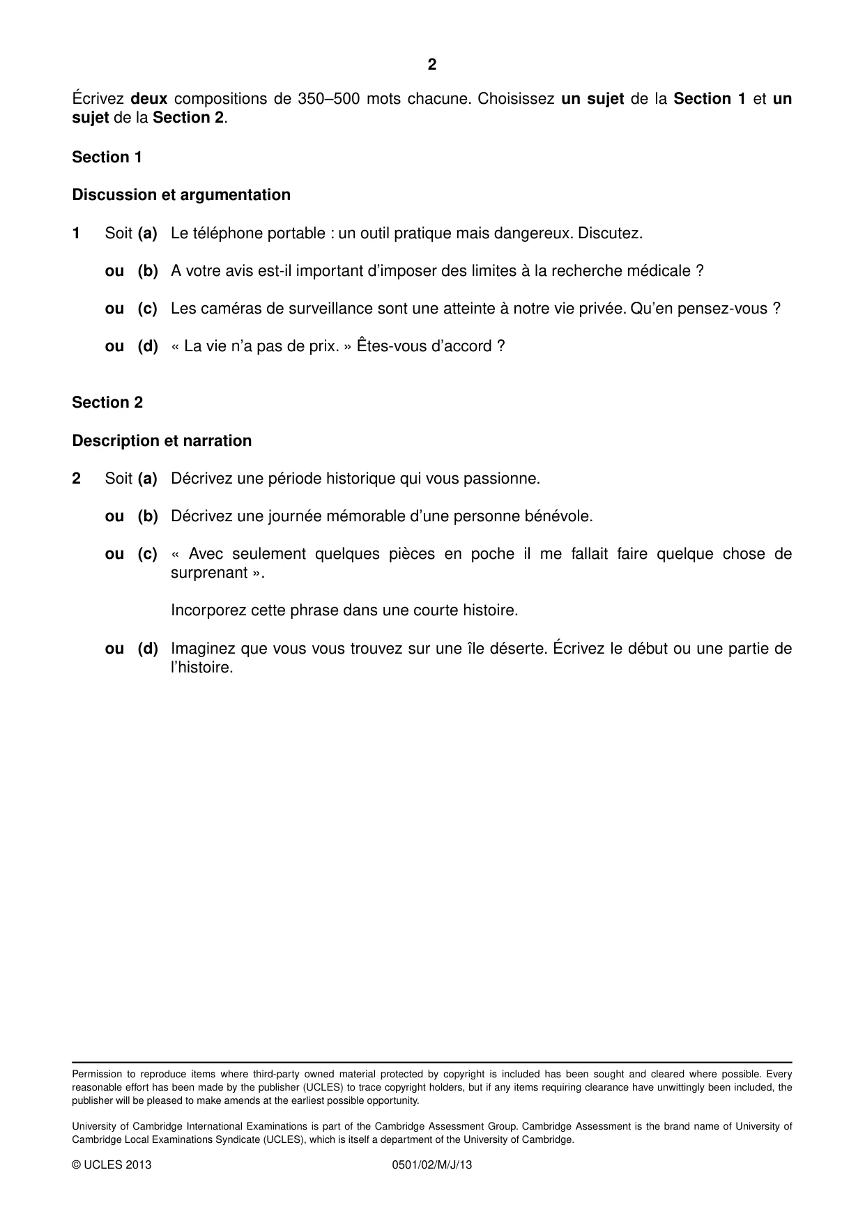 Cambridge IGCSE French - First Language 0501 2013 May/June Paper 2 · Variant 1 question paper, page 2 of 2