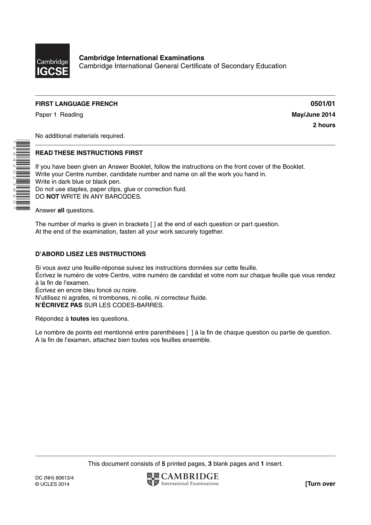 Cambridge IGCSE French - First Language 0501 2014 May/June Paper 1 · Variant 1 question paper, page 1 of 8