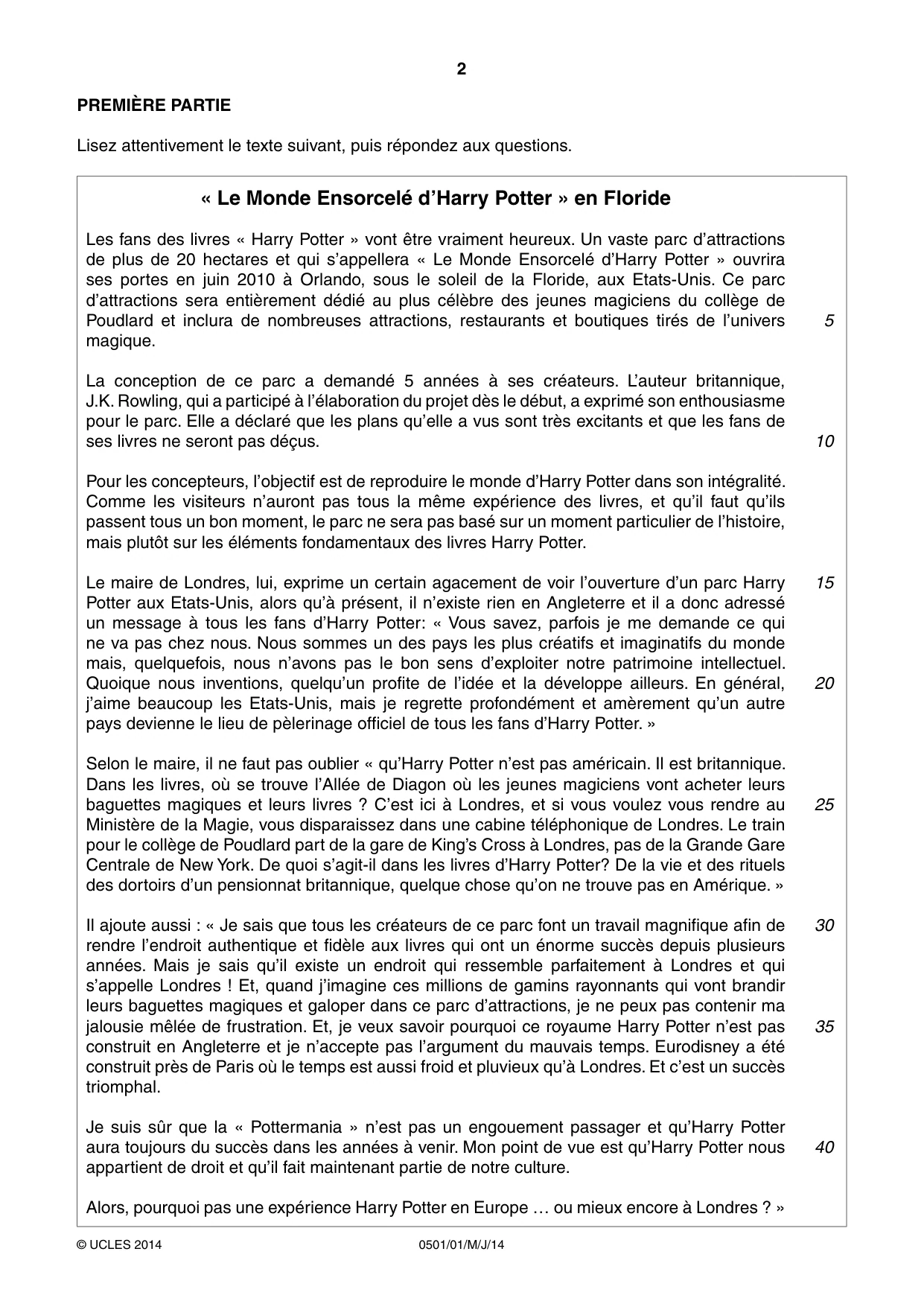 Cambridge IGCSE French - First Language 0501 2014 May/June Paper 1 · Variant 1 question paper, page 2 of 8