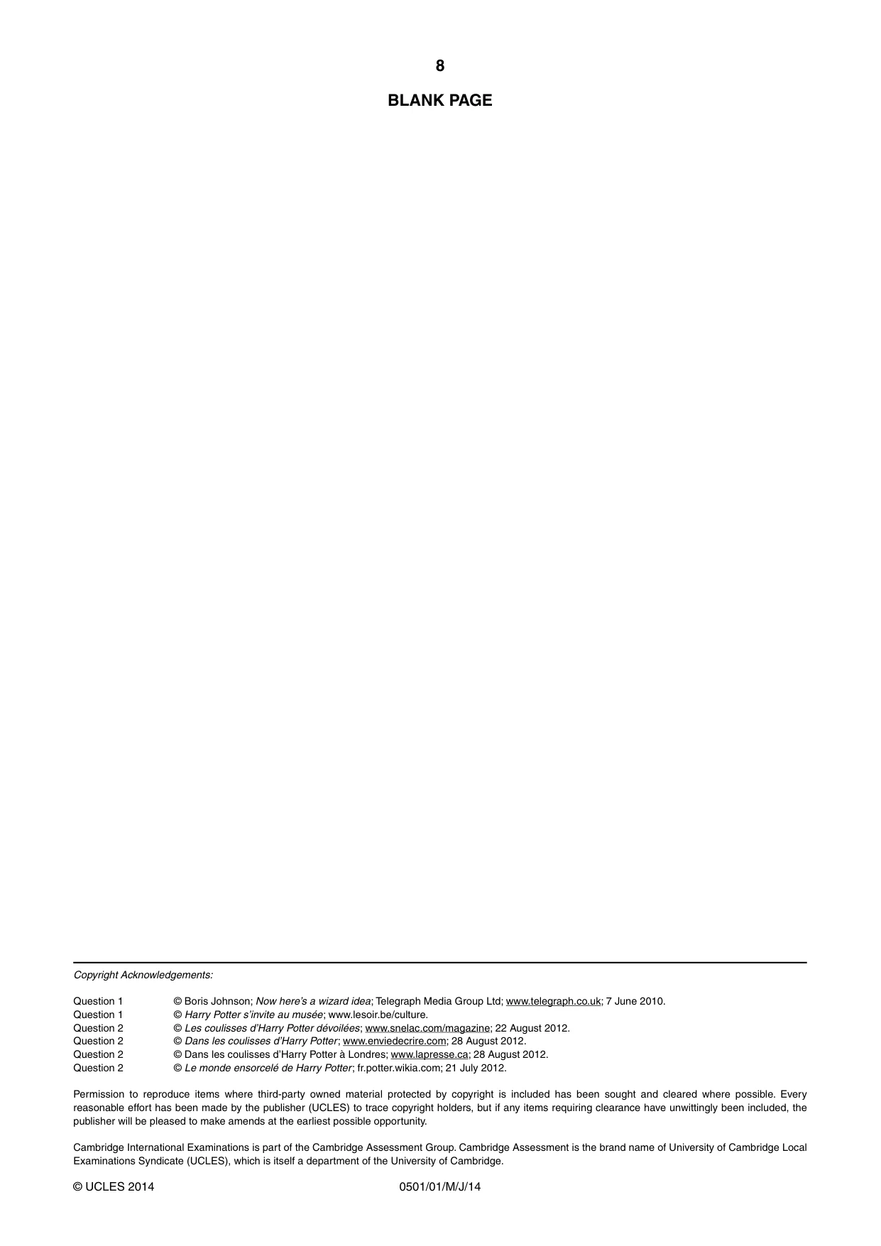 Cambridge IGCSE French - First Language 0501 2014 May/June Paper 1 · Variant 1 question paper, page 8 of 8