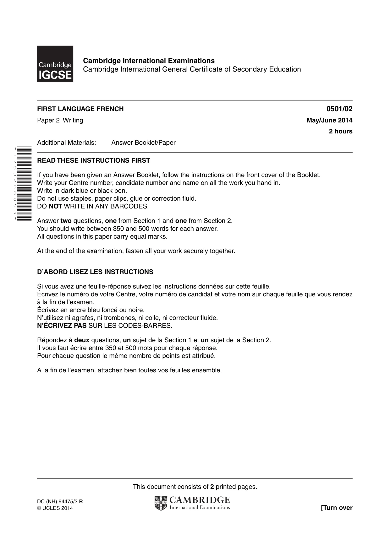 Cambridge IGCSE French - First Language 0501 2014 May/June Paper 2 · Variant 1 question paper, page 1 of 2