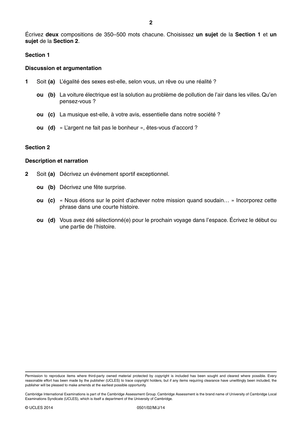 Cambridge IGCSE French - First Language 0501 2014 May/June Paper 2 · Variant 1 question paper, page 2 of 2