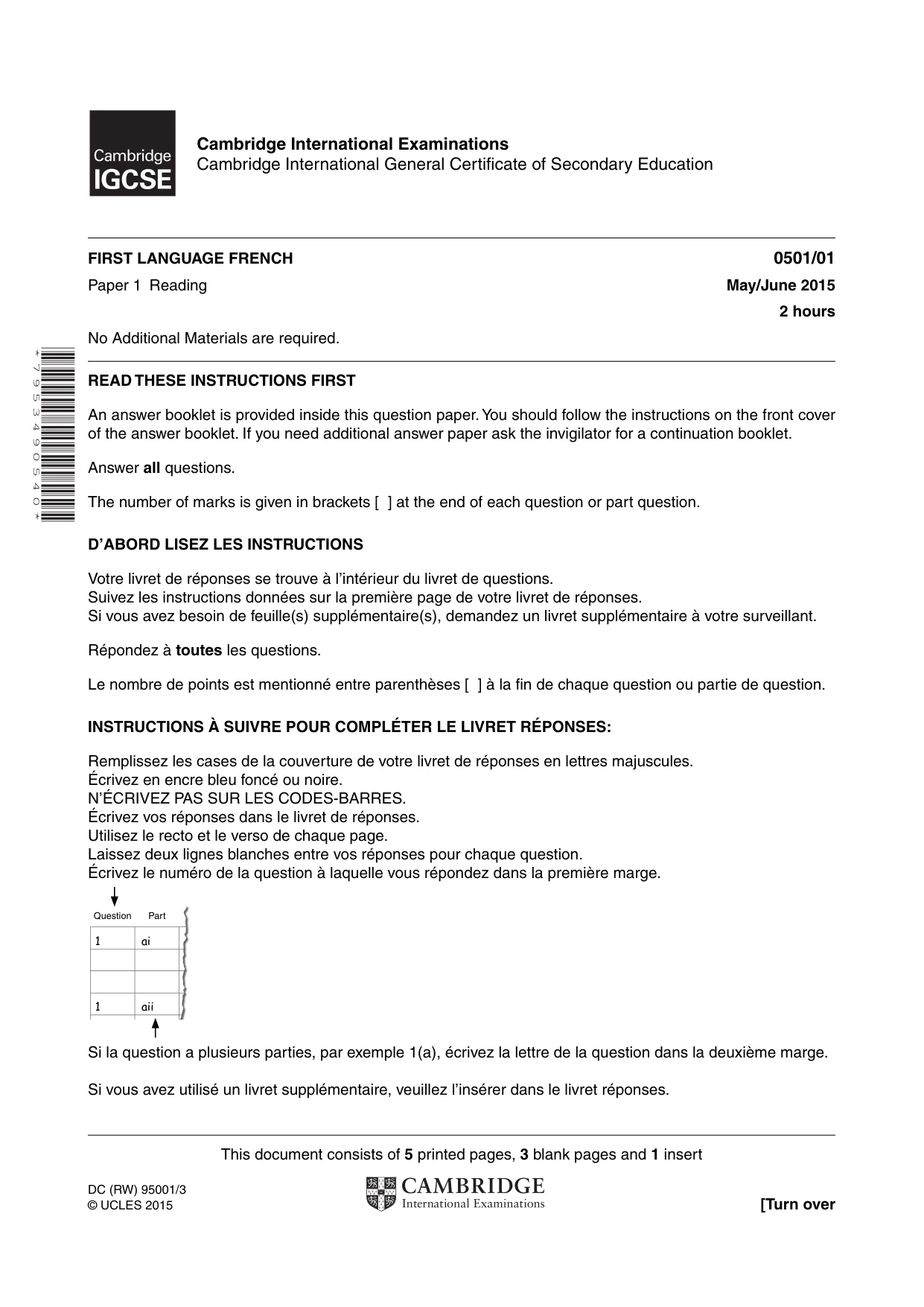 Cambridge IGCSE French - First Language 0501 2015 May/June Paper 1 · Variant 1 question paper, page 1 of 8