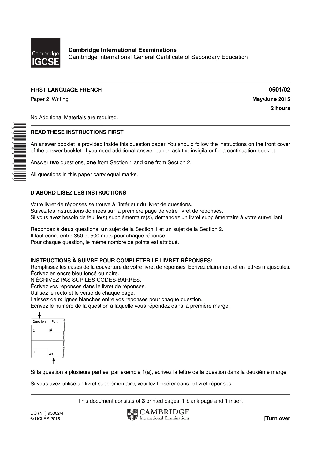 Cambridge IGCSE French - First Language 0501 2015 May/June Paper 2 · Variant 1 question paper, page 1 of 4