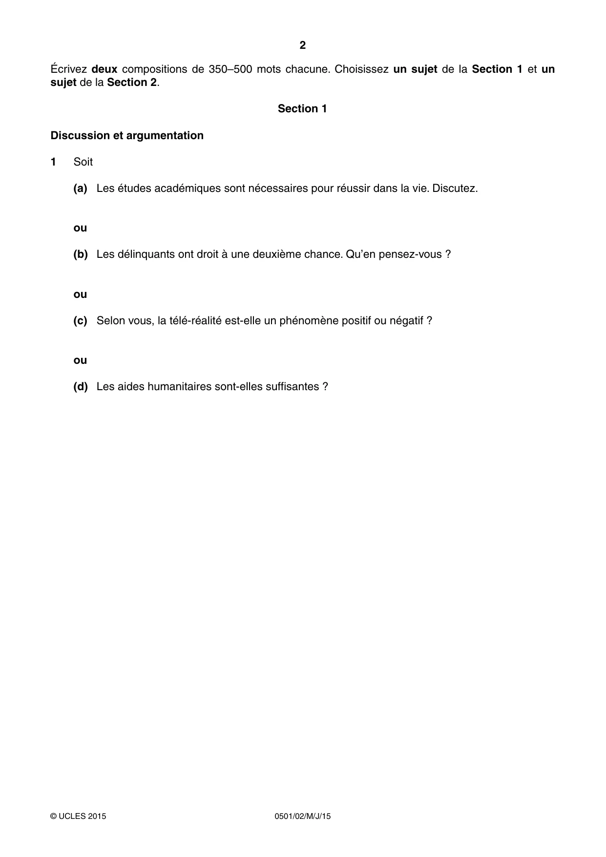 Cambridge IGCSE French - First Language 0501 2015 May/June Paper 2 · Variant 1 question paper, page 2 of 4