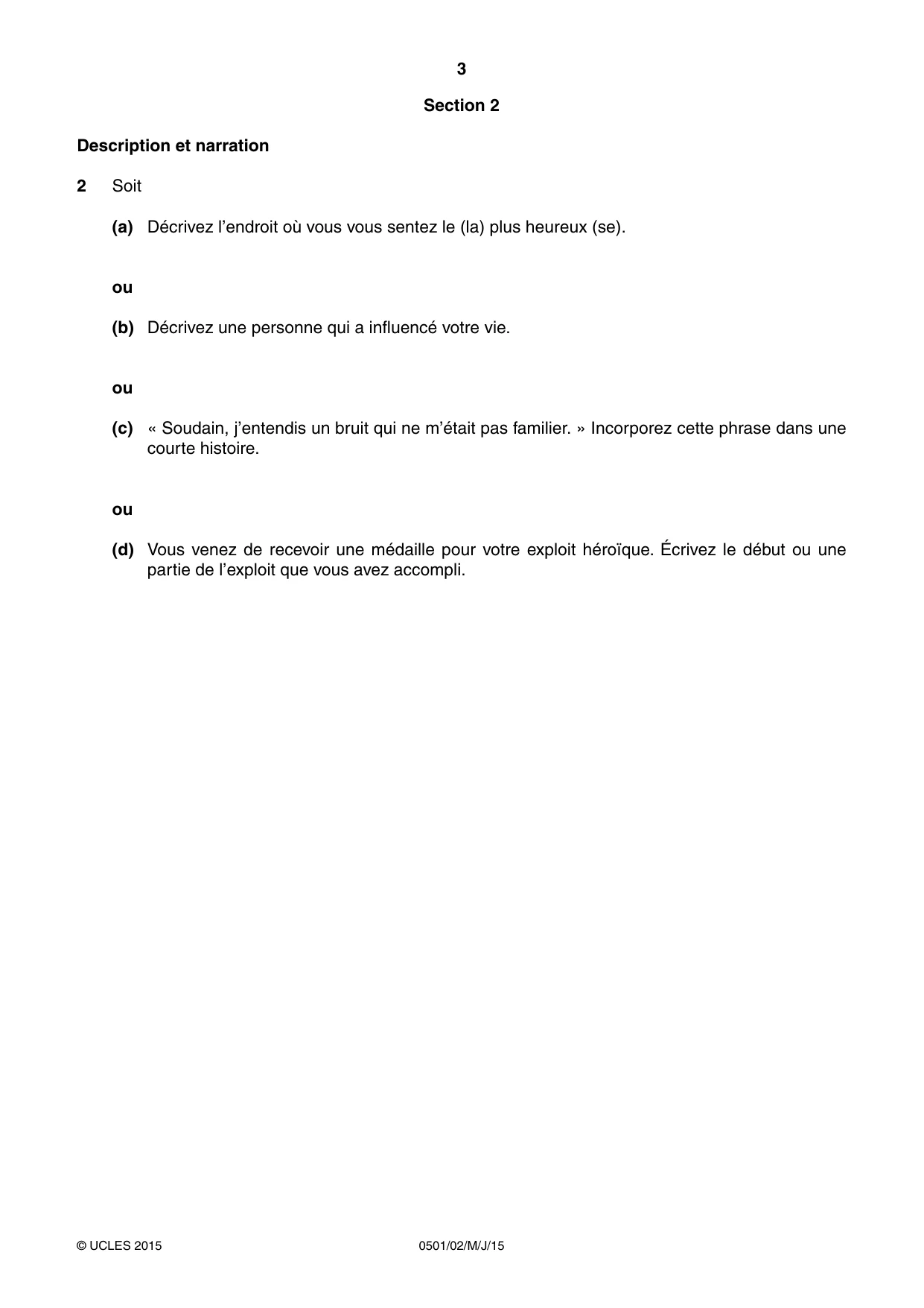 Cambridge IGCSE French - First Language 0501 2015 May/June Paper 2 · Variant 1 question paper, page 3 of 4