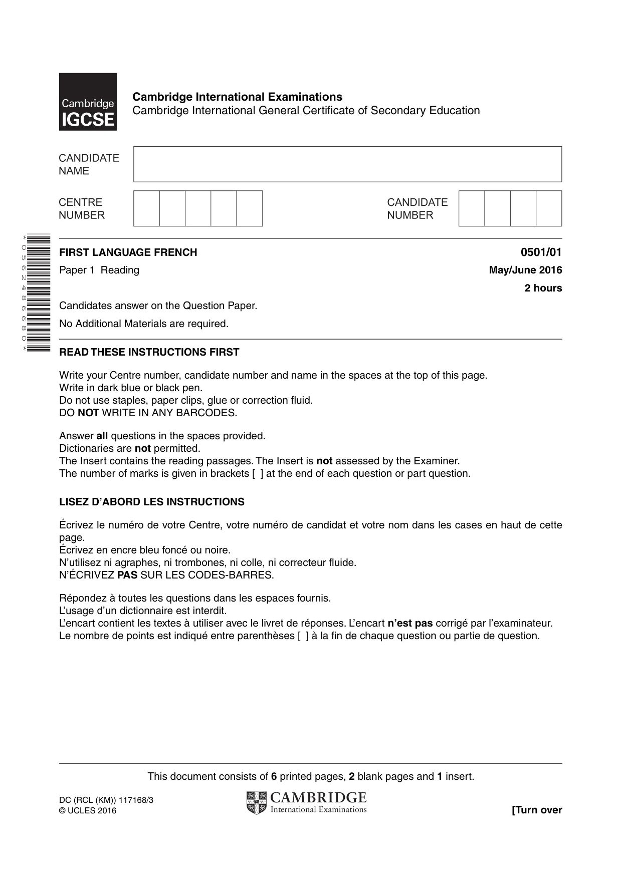 Cambridge IGCSE French - First Language 0501 2016 May/June Paper 1 · Variant 0 question paper, page 1 of 8