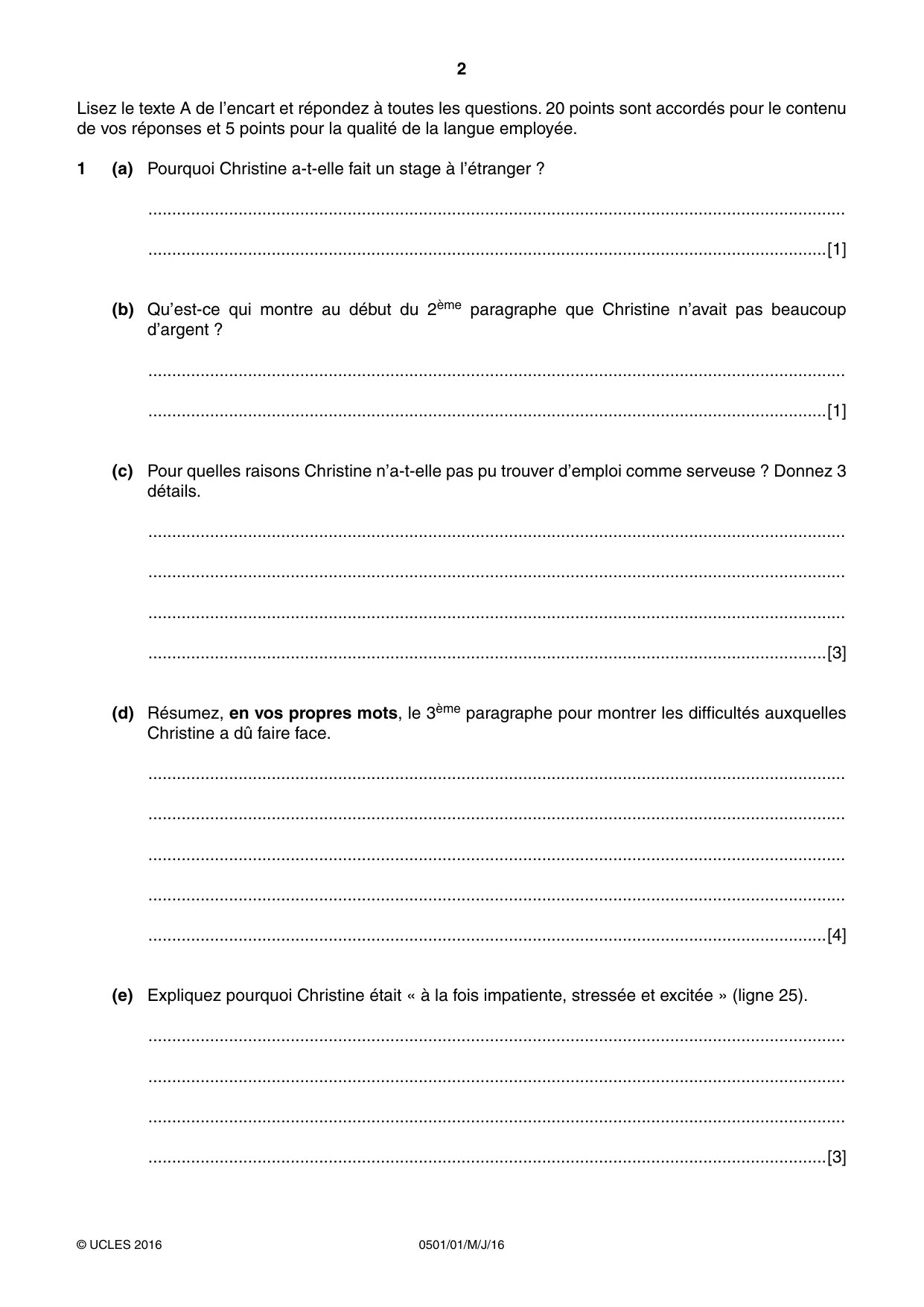 Cambridge IGCSE French - First Language 0501 2016 May/June Paper 1 · Variant 0 question paper, page 2 of 8