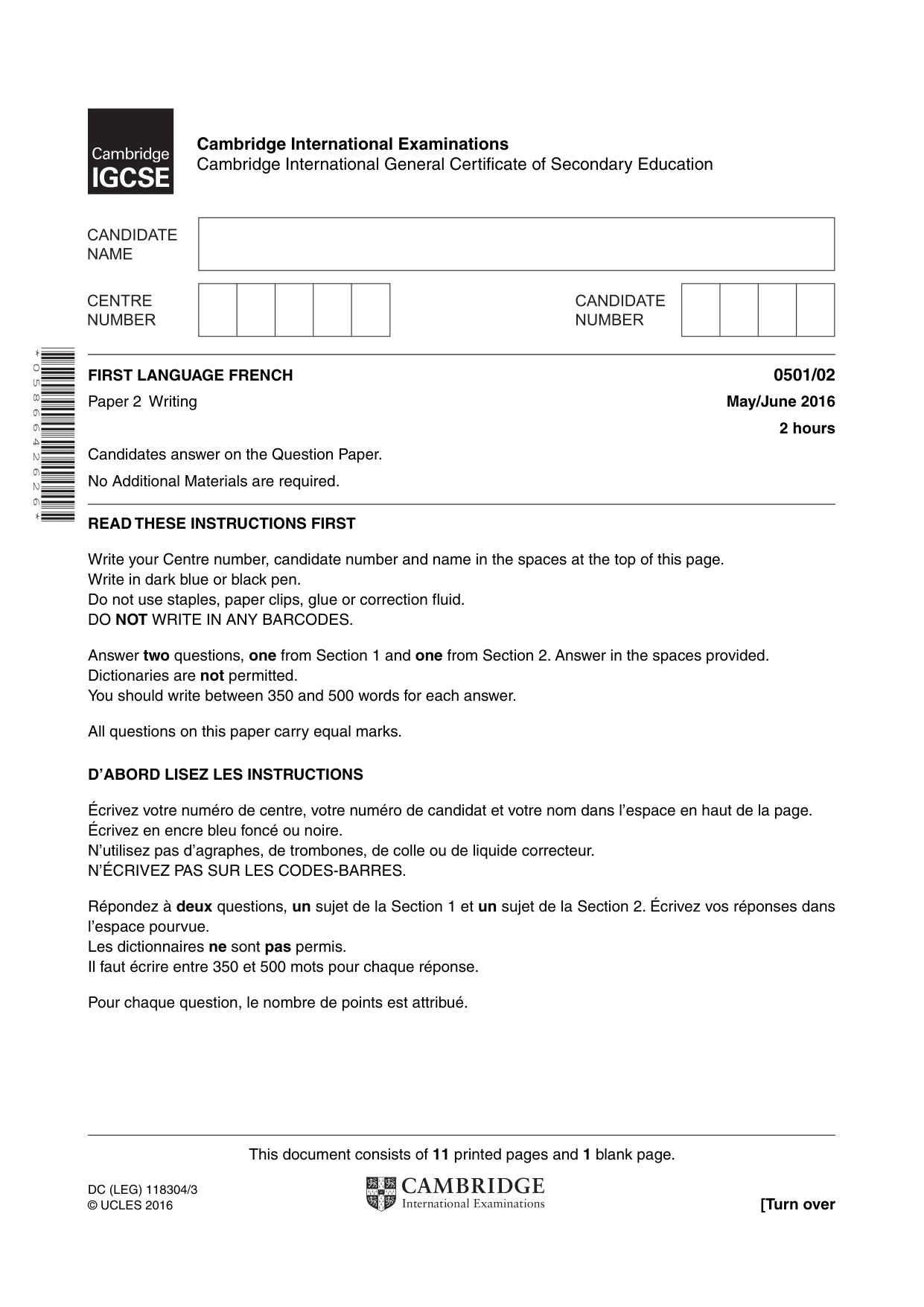 Cambridge IGCSE French - First Language 0501 2016 May/June Paper 2 · Variant 0 question paper, page 1 of 12