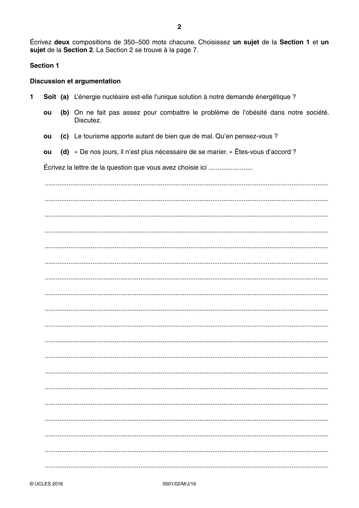 Cambridge IGCSE French - First Language 0501 2016 May/June Paper 2 · Variant 0 question paper, page 2 of 12