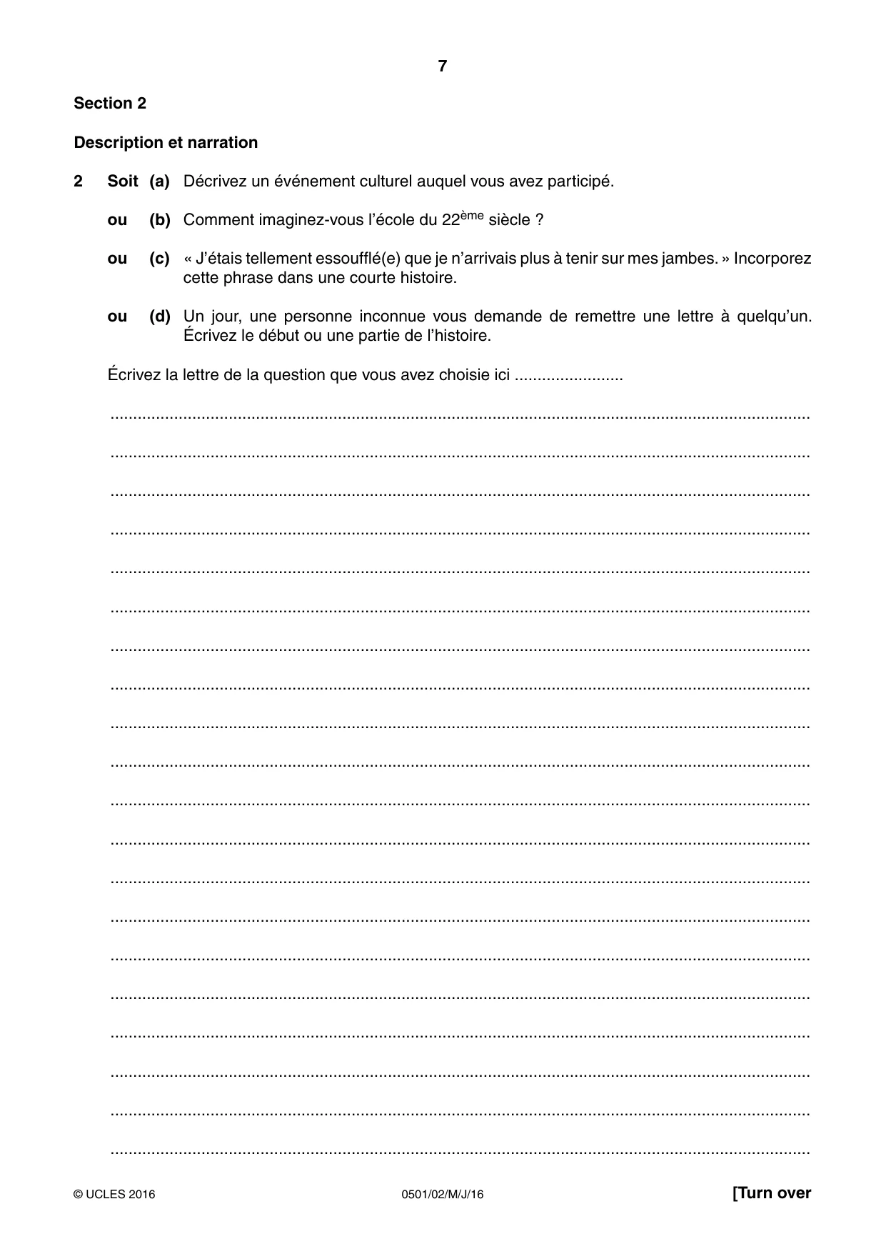 Cambridge IGCSE French - First Language 0501 2016 May/June Paper 2 · Variant 0 question paper, page 7 of 12