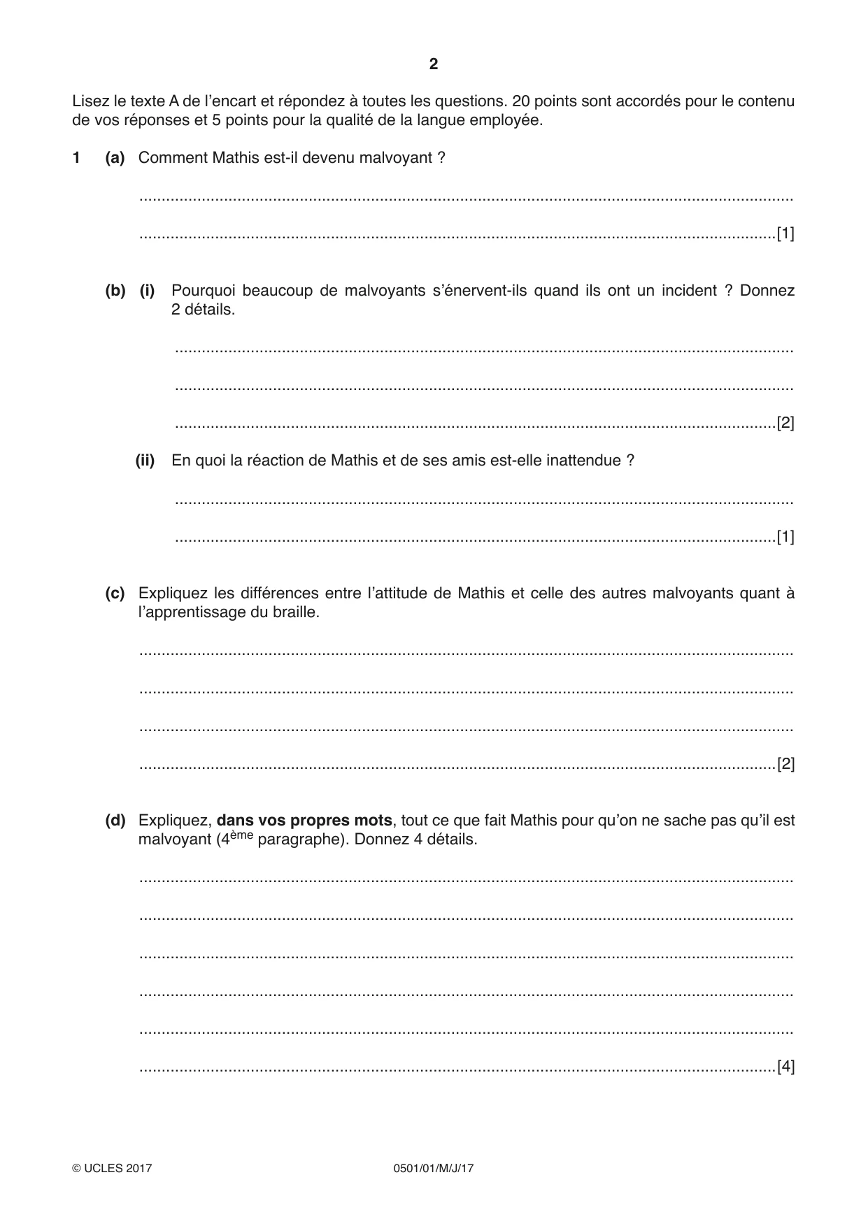 Cambridge IGCSE French - First Language 0501 2017 May/June Paper 1 · Variant 1 question paper, page 2 of 8