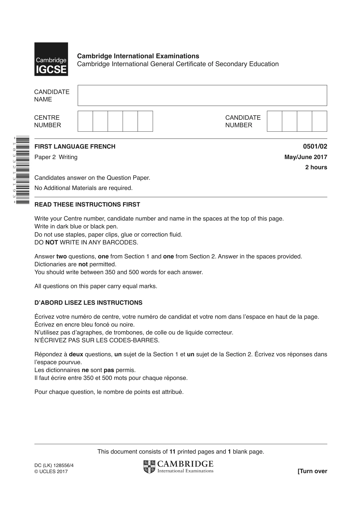 Cambridge IGCSE French - First Language 0501 2017 May/June Paper 2 · Variant 1 question paper, page 1 of 12