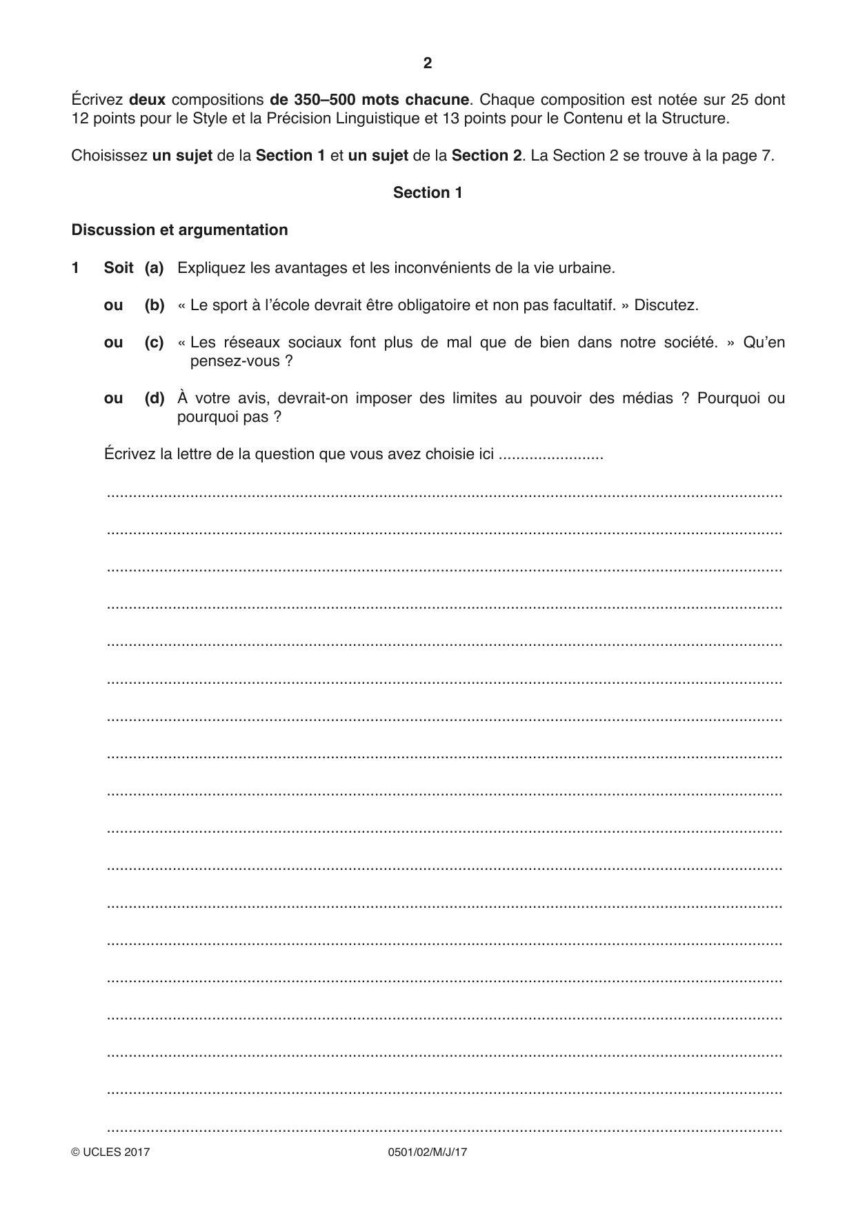 Cambridge IGCSE French - First Language 0501 2017 May/June Paper 2 · Variant 1 question paper, page 2 of 12
