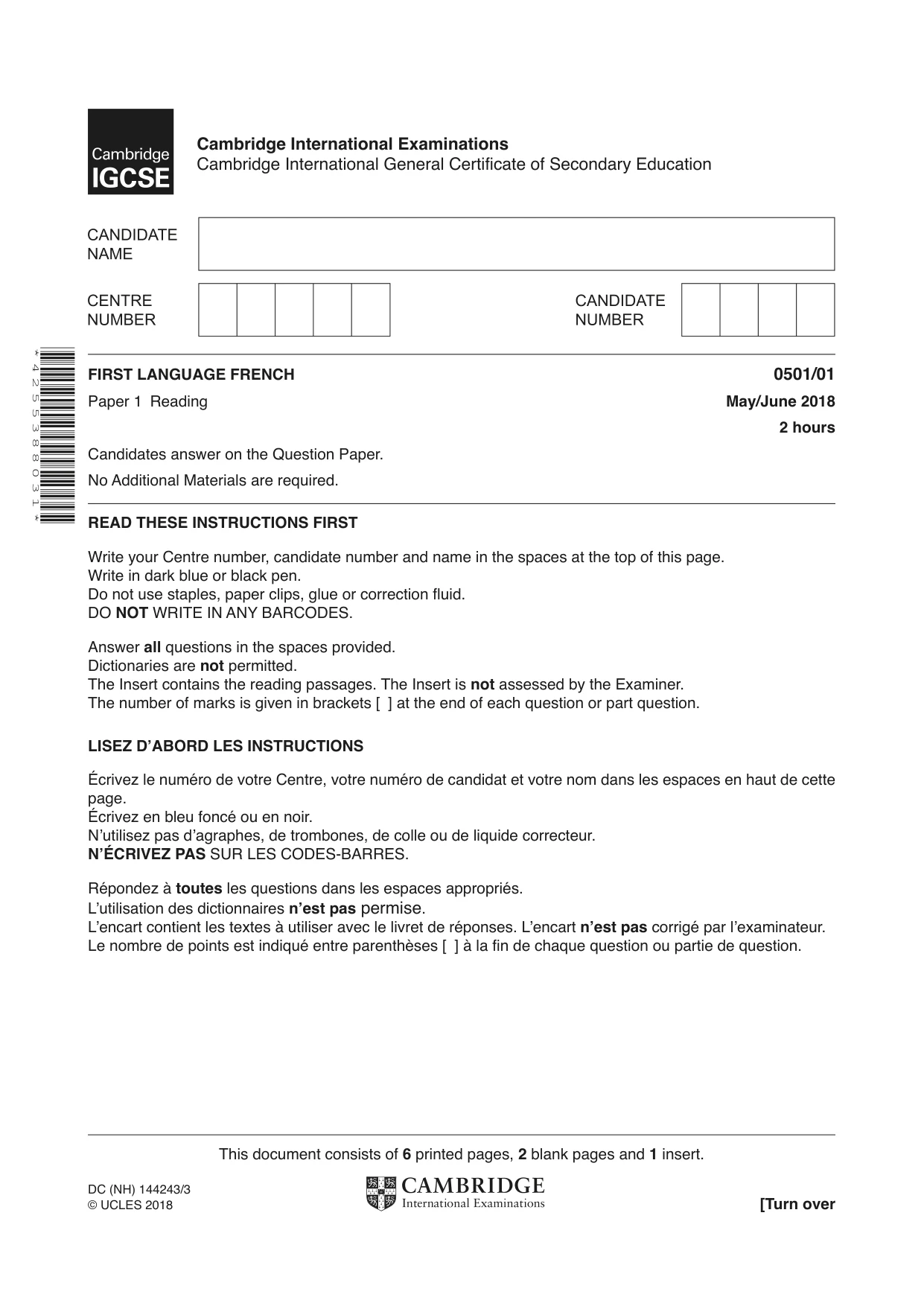 Cambridge IGCSE French - First Language 0501 2018 May/June Paper 1 · Variant 0 question paper, page 1 of 8