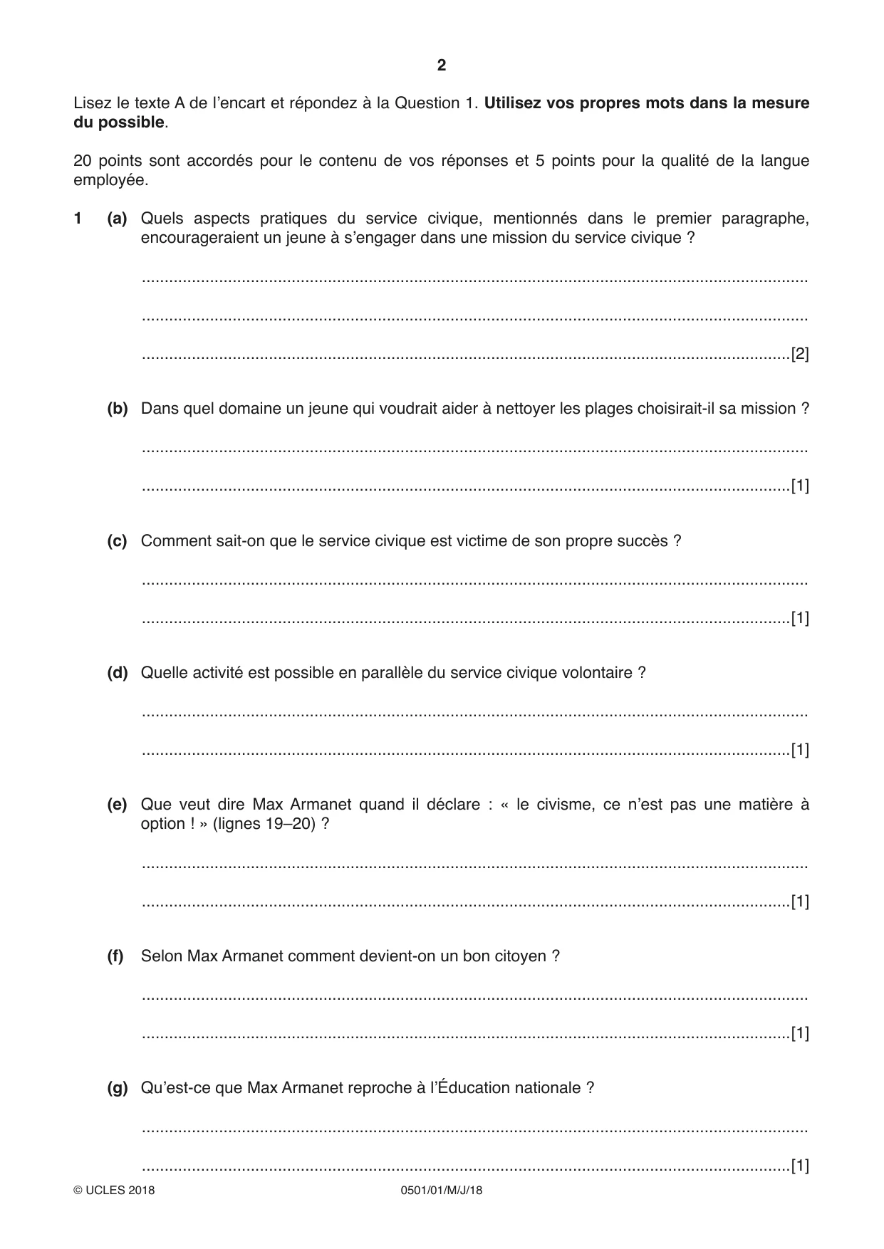 Cambridge IGCSE French - First Language 0501 2018 May/June Paper 1 · Variant 0 question paper, page 2 of 8