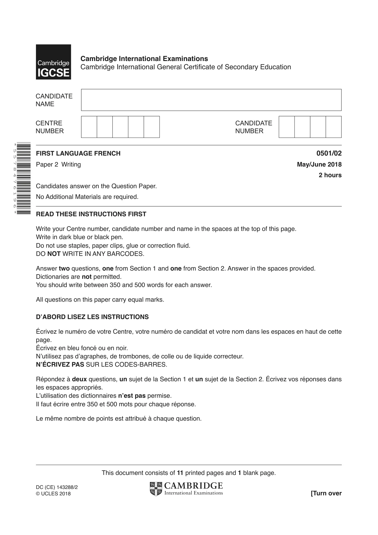 Cambridge IGCSE French - First Language 0501 2018 May/June Paper 2 · Variant 0 question paper, page 1 of 12