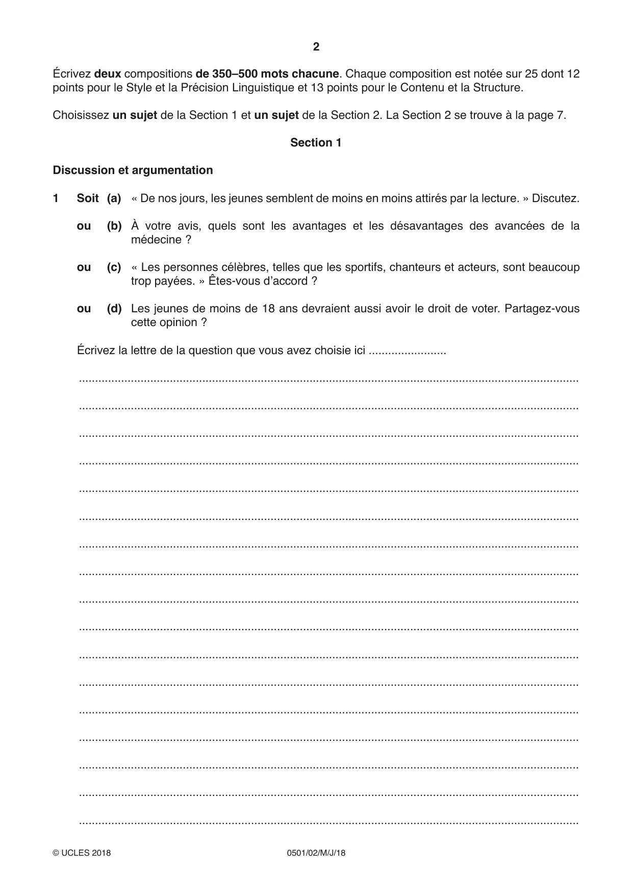 Cambridge IGCSE French - First Language 0501 2018 May/June Paper 2 · Variant 0 question paper, page 2 of 12