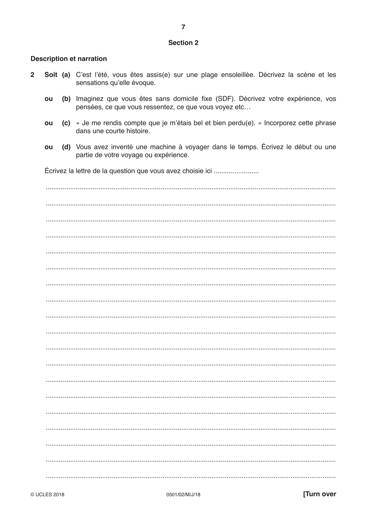 Cambridge IGCSE French - First Language 0501 2018 May/June Paper 2 · Variant 0 question paper, page 7 of 12