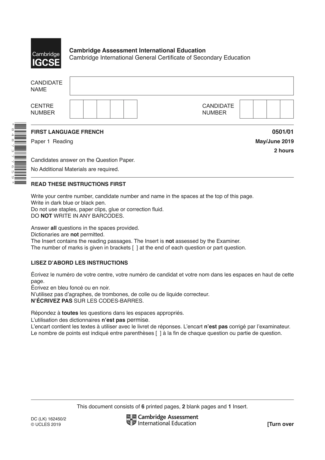Cambridge IGCSE French - First Language 0501 2019 May/June Paper 1 · Variant 1 question paper, page 1 of 8