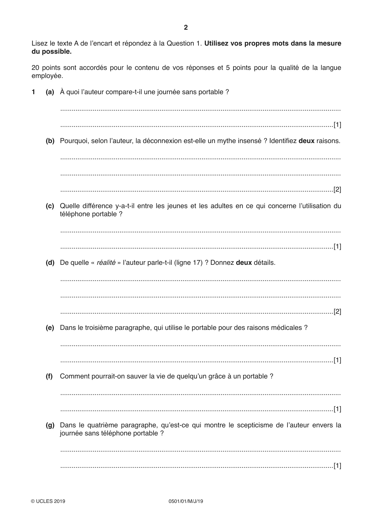 Cambridge IGCSE French - First Language 0501 2019 May/June Paper 1 · Variant 1 question paper, page 2 of 8
