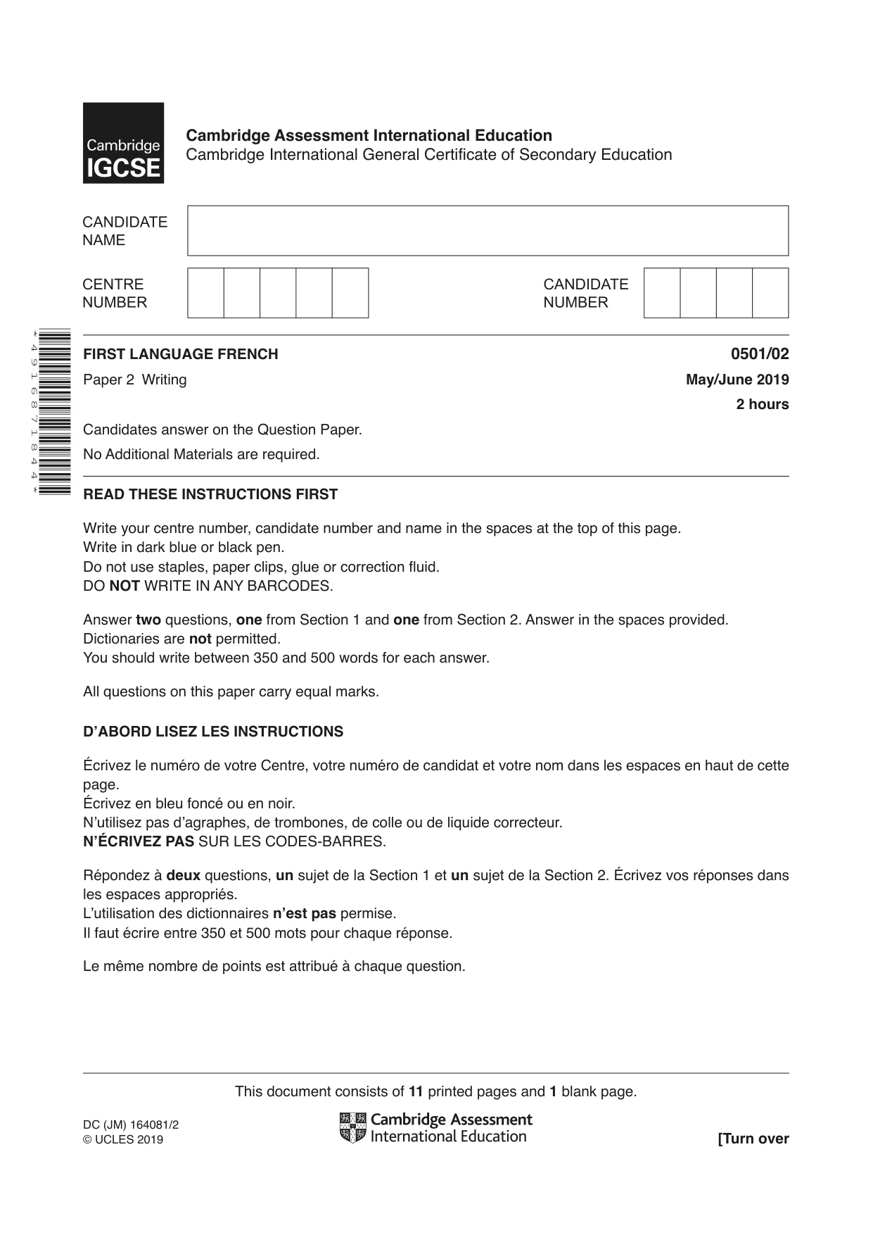 Cambridge IGCSE French - First Language 0501 2019 May/June Paper 2 · Variant 1 question paper, page 1 of 12