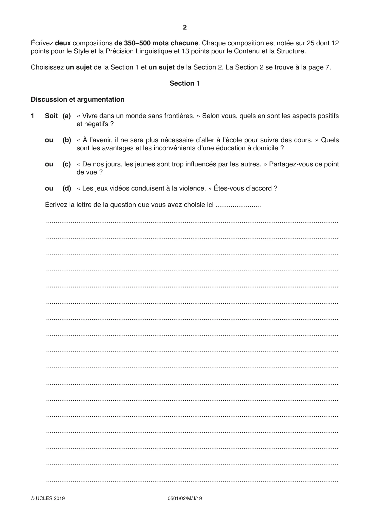 Cambridge IGCSE French - First Language 0501 2019 May/June Paper 2 · Variant 1 question paper, page 2 of 12