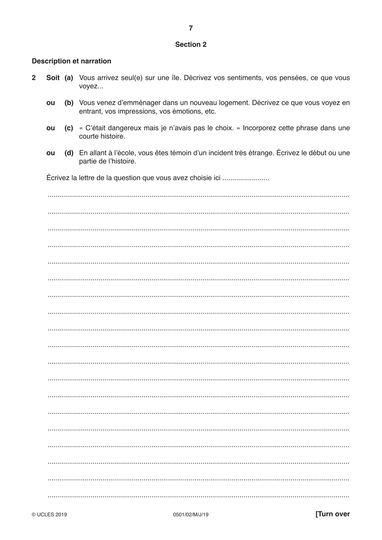 Cambridge IGCSE French - First Language 0501 2019 May/June Paper 2 · Variant 1 question paper, page 7 of 12