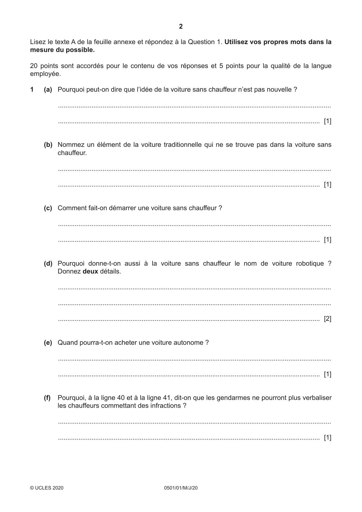 Cambridge IGCSE French - First Language 0501 2020 May/June Paper 1 · Variant 0 question paper, page 2 of 8