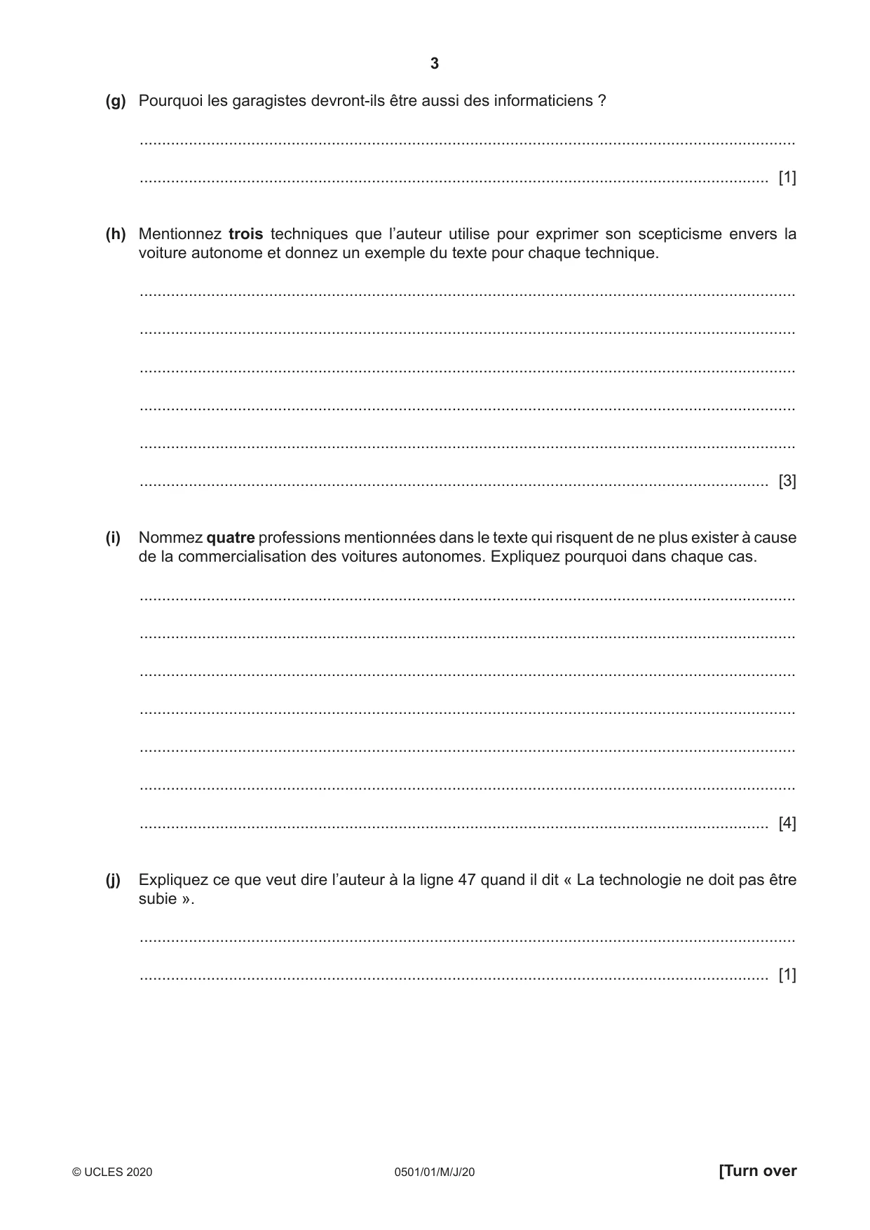 Cambridge IGCSE French - First Language 0501 2020 May/June Paper 1 · Variant 0 question paper, page 3 of 8