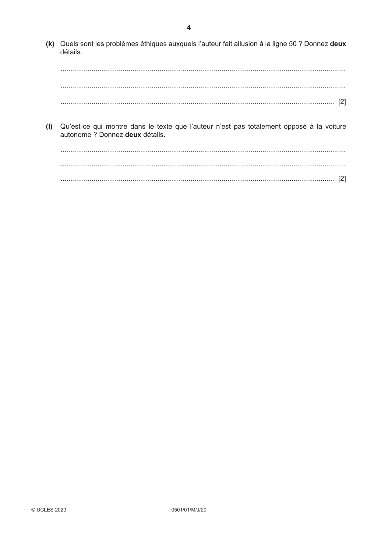 Cambridge IGCSE French - First Language 0501 2020 May/June Paper 1 · Variant 0 question paper, page 4 of 8