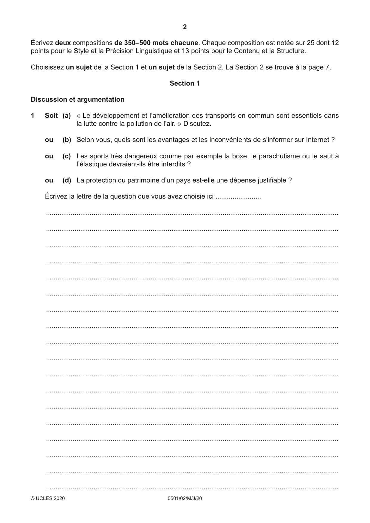 Cambridge IGCSE French - First Language 0501 2020 May/June Paper 2 · Variant 0 question paper, page 2 of 12