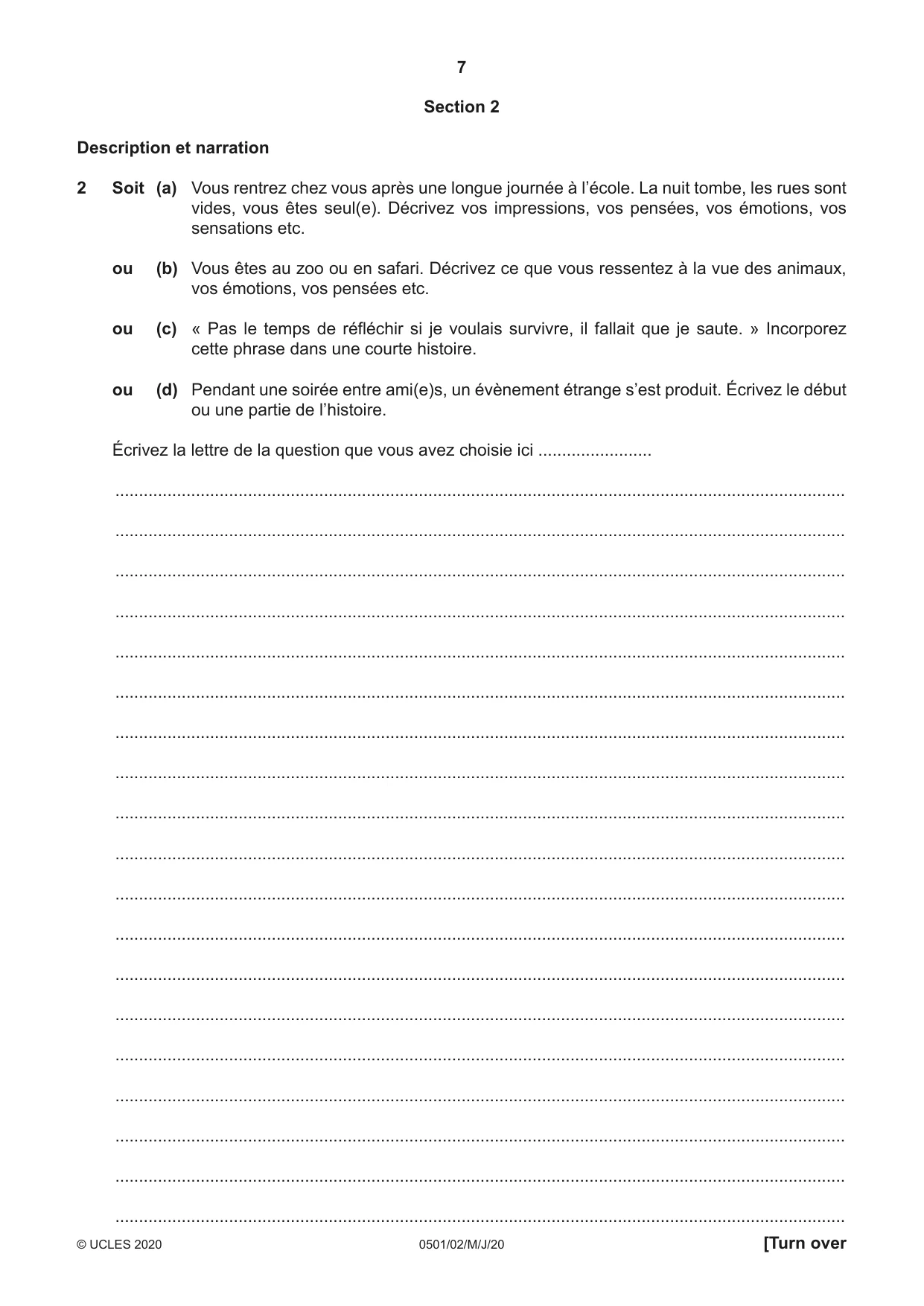 Cambridge IGCSE French - First Language 0501 2020 May/June Paper 2 · Variant 0 question paper, page 7 of 12