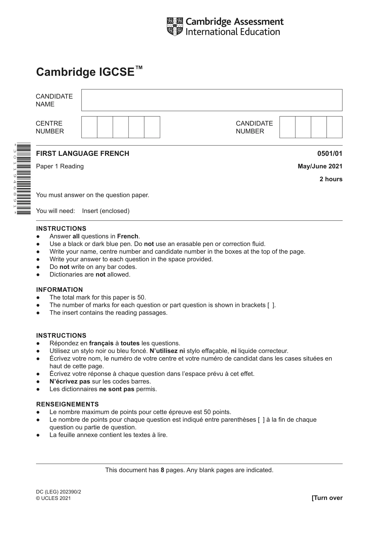 Cambridge IGCSE French - First Language 0501 2021 May/June Paper 1 · Variant 0 question paper, page 1 of 8