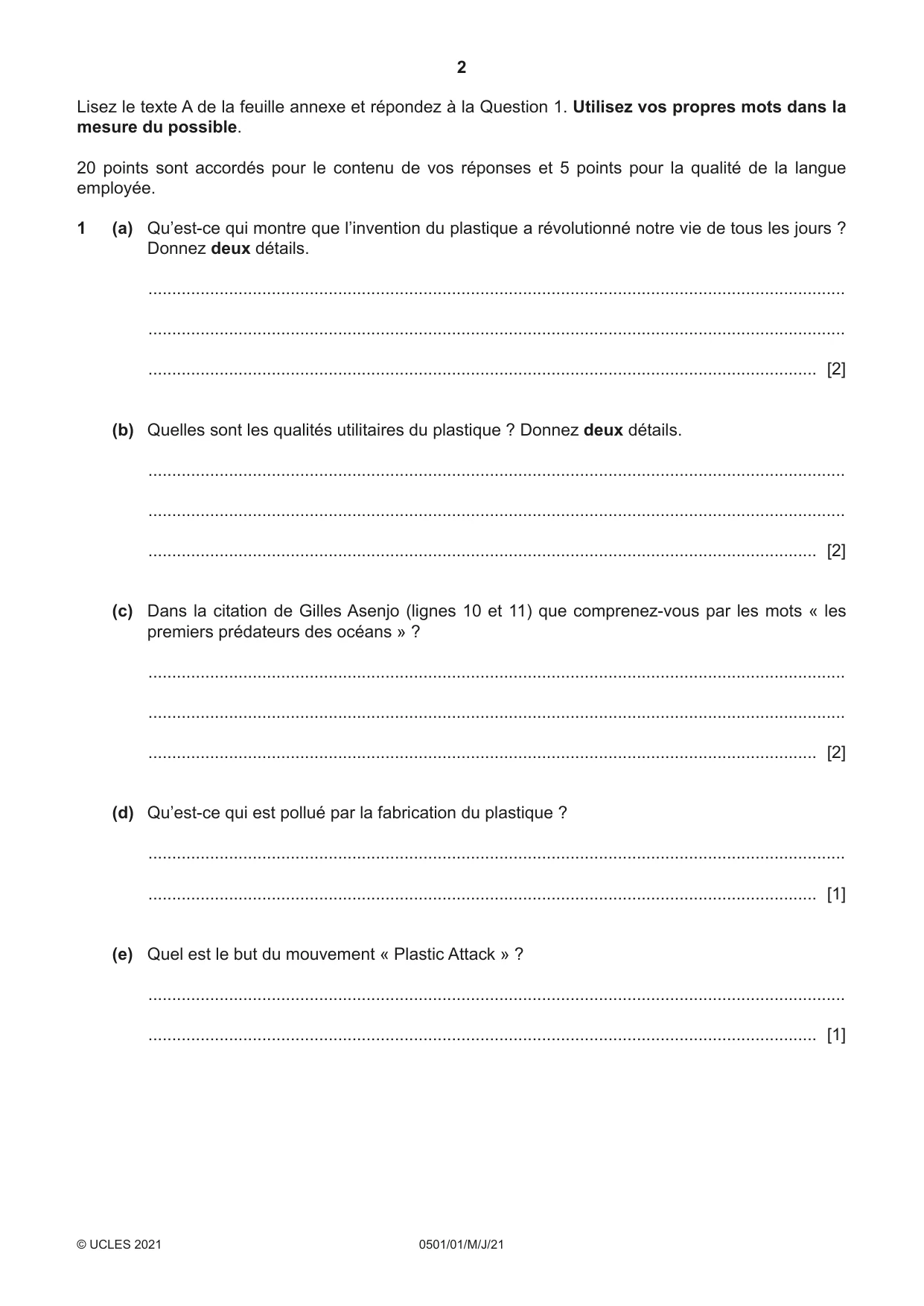 Cambridge IGCSE French - First Language 0501 2021 May/June Paper 1 · Variant 0 question paper, page 2 of 8